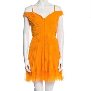 Self-Portrait Orange Off The Shoulder Pleated Chiffon Lace Mini Dress  Size 4